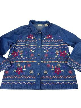 Bechamel Denim Jacket Womens Large Colorful Floral Embroidery Button Front Vtg